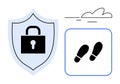 Digital security symbol with shield and lock alongside footsteps icon emphasizing safety and tracking Royalty Free Stock Photo