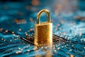 Digital security symbolized by a gold lock on a circuit board Royalty Free Stock Photo