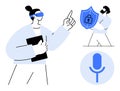 Digital Security and Voice Authentication Concept with Characters and Shield Icon Royalty Free Stock Photo