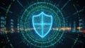 Digital shield with binary code and circuit board pattern in a futuristic cybersecurity concept blue Royalty Free Stock Photo