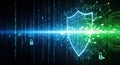 Digital shield with binary code and circuit patterns on dark background with glowing blue and green light beams Royalty Free Stock Photo