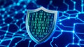 A digital shield with binary code displayed against a blue network circuit board background design Royalty Free Stock Photo