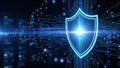 Digital shield with blue circuit lines and binary code background representing cybersecurity and data protection Royalty Free Stock Photo