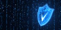 Digital shield with checkmark against binary code backdrop. 3D Rendering Royalty Free Stock Photo
