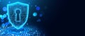 Digital Shield with Circuit Lines and Keyhole on Neon Background. 3D Rendering