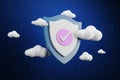 Digital shield with clouds on dark backdrop. Secure online payment and data guard concept. 3D Rendering