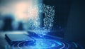 Digital shield composed of glowing particles on a futuristic virtual interface background, symbolizing cybersecurity and data