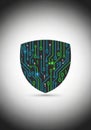 A digital shield design with a black background features circuit patterns in blue and Royalty Free Stock Photo