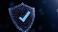 Digital shield design with glowing checkmark. Represents secure tech service. Modern icon shows data protection concept. Cyber