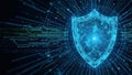 Digital shield with glowing blue circuitry and binary code background representing cybersecurity and data protection Royalty Free Stock Photo