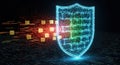 Digital shield with glowing blue network nodes and red data stream on a circuit board background protection Royalty Free Stock Photo