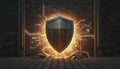 Digital shield glowing on brick wall symbolizing cyber security and modern data protection concept Royalty Free Stock Photo