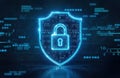Digital shield with glowing lock shows cybersecurity. Tech safe concept. Binary code background. Secure system. Strong