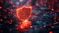 A digital shield glows in red against a dark background, symbolizing advanced quantum encryption methods