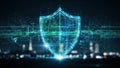 Digital shield with green and blue light grid and binary code background with cityscape and abstract technology Royalty Free Stock Photo