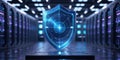 Digital shield hologram protecting cloud data center Royalty Free Stock Photo
