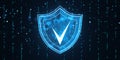 Digital shield icon with check mark on binary code background. 3D Rendering