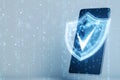 Digital shield icon with check mark on smartphone screen surrounded by binary code on blue background
