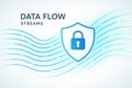 Digital shield icon in front of data streams, symbolizing secure information flow and real-time encrypted communication on Royalty Free Stock Photo