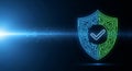 Digital shield icon with glowing circuit lines representing cyber security and data protection technology Royalty Free Stock Photo