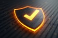Digital shield icon with glowing orange outline and checkmark. Represents software security protection, data privacy, and user Royalty Free Stock Photo