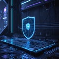 A digital shield icon glows with blue light above a circuit board, signifying cybersecurity or data protection Royalty Free Stock Photo