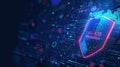 Digital shield icon with the text 'DDoS Protection' on a blue and purple circuit board background representing Royalty Free Stock Photo