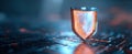 The Digital Shield Illuminated Amidst a Futuristic Landscape of Technology.AI generated image Royalty Free Stock Photo