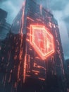 Digital shield illuminated in neon lights on modern skyscraper in urban environment at dusk Royalty Free Stock Photo