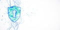 Digital shield with keyhole on abstract background of blue lines and dots. 3D Rendering