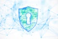 Digital shield with a keyhole symbol on an abstract network background. 3D Rendering