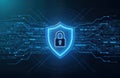 Digital shield with lock graphic shows tech security. Binary code background with glowing blue lines, pattern. Secure system Royalty Free Stock Photo
