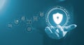 Digital shield, lock icon floating above human hand represent cybersecurity, data protection, secure network, information privacy Royalty Free Stock Photo