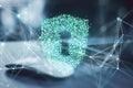Digital shield lock symbol composed of glowing pixels and network connections on blurred background. Concept of cybersecurity and