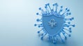 Digital shield with a medical cross emblem surrounded by virus like molecular structures, representing encrypted healthcare dat