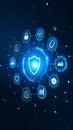 Digital shield network protects online data with security icons on dark blue background Royalty Free Stock Photo