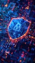 Digital shield with padlock and data lines representing advanced cybersecurity and digital protection