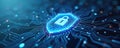 Digital shield padlock icon from intricate circuit board patterns. Cybersecurity data protection systems. Advanced threat Royalty Free Stock Photo