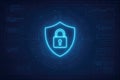 Digital shield with a padlock icon surrounded by binary code and data streams, representing cybersecurity Royalty Free Stock Photo