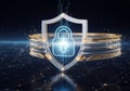 A digital shield with a padlock symbol is depicted, conveying Royalty Free Stock Photo