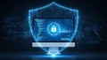 Digital shield protecting computer screen with lock icon and data cybersecurity data protection Royalty Free Stock Photo