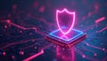 Digital shield protects computer chip and circuits. Futuristic cyber security concept with glowing neon pink and blue lights. Royalty Free Stock Photo