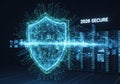 Digital shield protects data in futuristic network, ensuring 2026 security Royalty Free Stock Photo