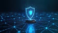 Digital shield protects stack of silver coins. Glowing blue lines connect shield, coins. Futuristic tech concept for security,