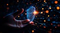 Digital shield representing cybersecurity, highlighting the importance of protection in the digital age with vibrant data visuals