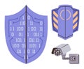 Digital shield, security badge, and surveillance camera representing cybersecurity and data protection Royalty Free Stock Photo