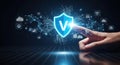 Digital shield security protection hand touch icon technology data network future abstract concept Royalty Free Stock Photo