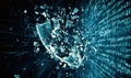 Digital Shield Shattering with Binary Code Background, Symbolizing Cybersecurity Breach and Data Protection Failure