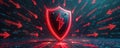 Digital shield stands firm against cyberattacks. Firewall design protects network data. Red digital arrows represent cyber
