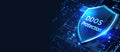 Digital shield symbolizing DDoS protection with a blue glow on a dark background. Circuit patterns and data elements are visible Royalty Free Stock Photo
